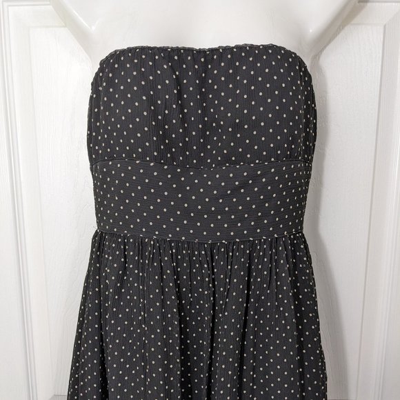 J. Crew 100% Silk Black w/Tan Polka Dots Strapless Midi Dress - size 2 - Picture 2 of 10
